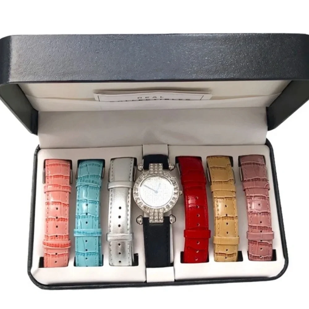REAL COLLECTIBLES BY ADRIENNE WATCH SET CRYSTAL BEZEL & 7 COLORFUL BANDS - NIB